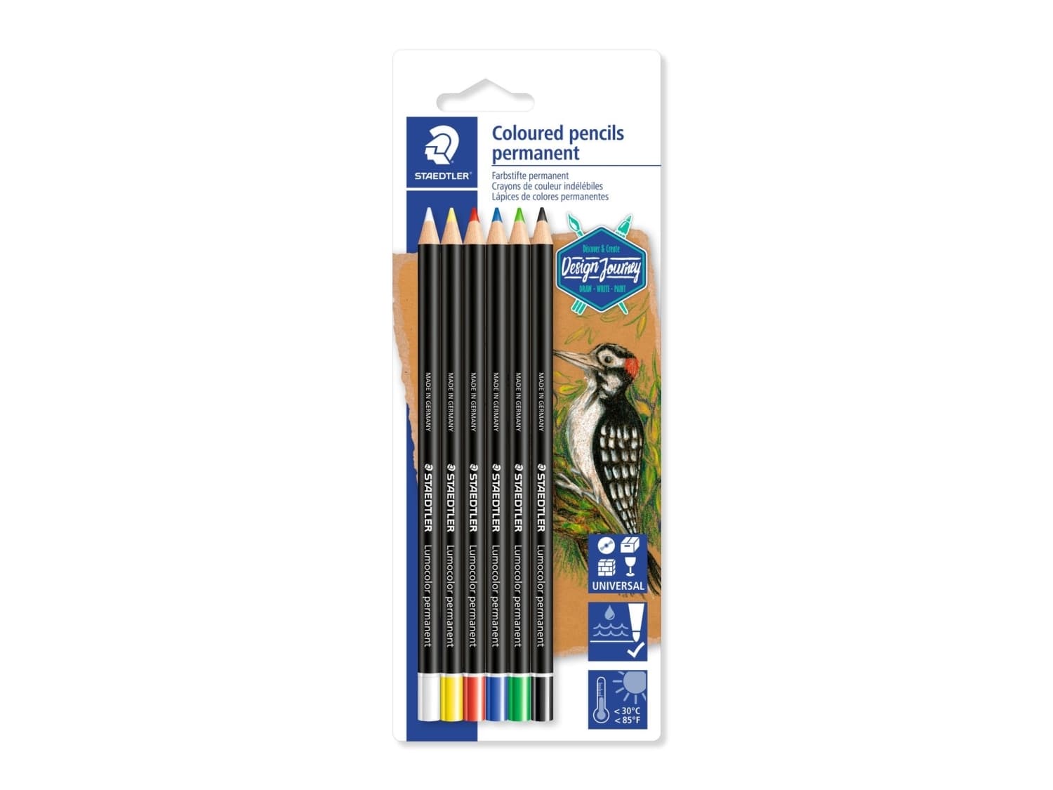 STAEDTLER kuivamerkkauskynä Lumocolor permanent lasi kromi, 6 kpl läpipainopakkaus, puukoteloitu kynä, vedenkestävä, ei kuivu - 1 kpl (10820BK6-C)