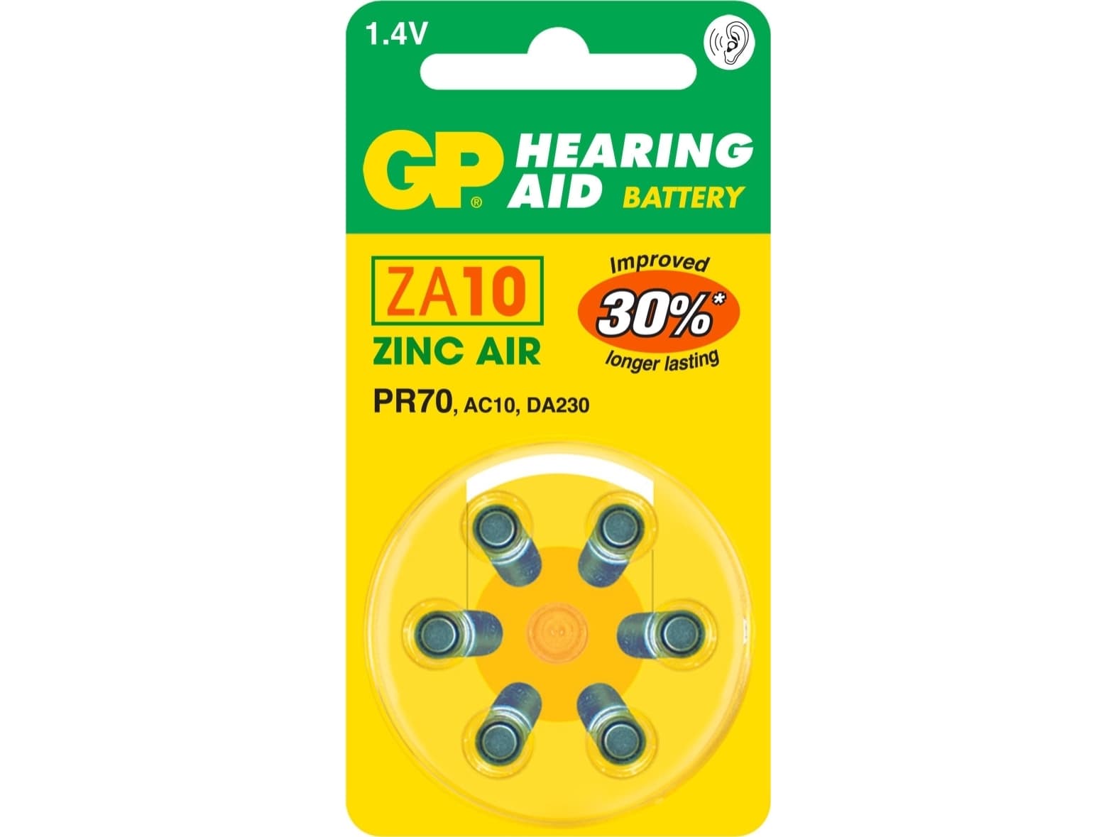 GP Batteries Hearing Aid ZA10, Kertakäyttöinen akku, PR70, Sinkki-ilma, 1,4 V, 6 kpl, 3,6 mm