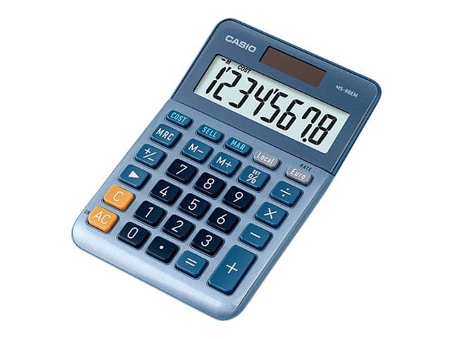 Casio MS-88EM, Työpöytä, Näyttölaskin, 8 lukua, Akku/Aurinko, Sininen