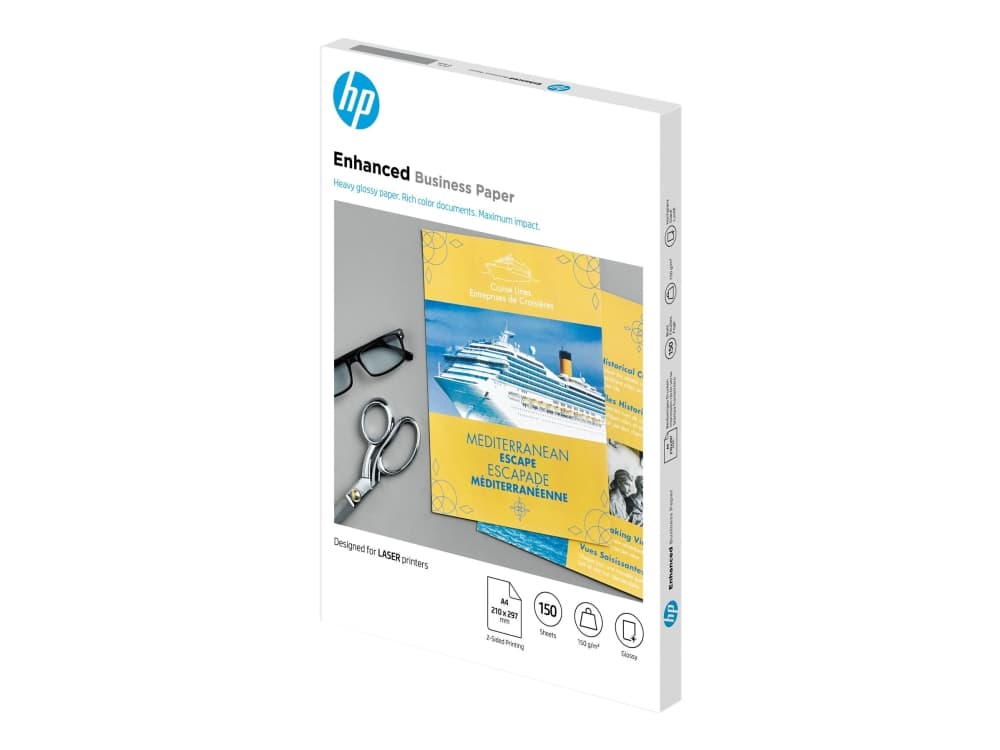 HP :n kiiltävä Photo-laserpaperi, 150 gsm, 150 arkkia, A4-koko, 210 × 297 mm, Lasertulostus, A4 (210x297 mm), 150 arkkia, 1,6 kg, Yritys, Yritys, 10 - 80%