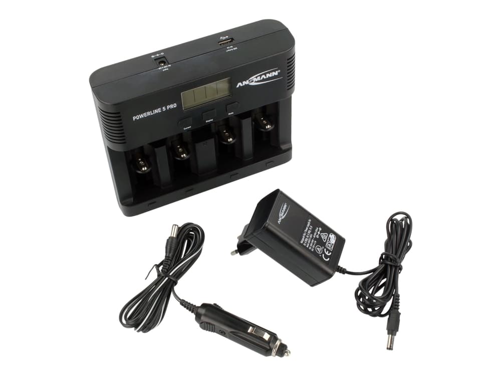 ANSMANN Powerline 5 Pro - Akkulaturi - (4xAA/AAA/C/D, 1x9V) + verkkovirtasovitin + autovirtasovitin - 1800 mA (USB) - musta