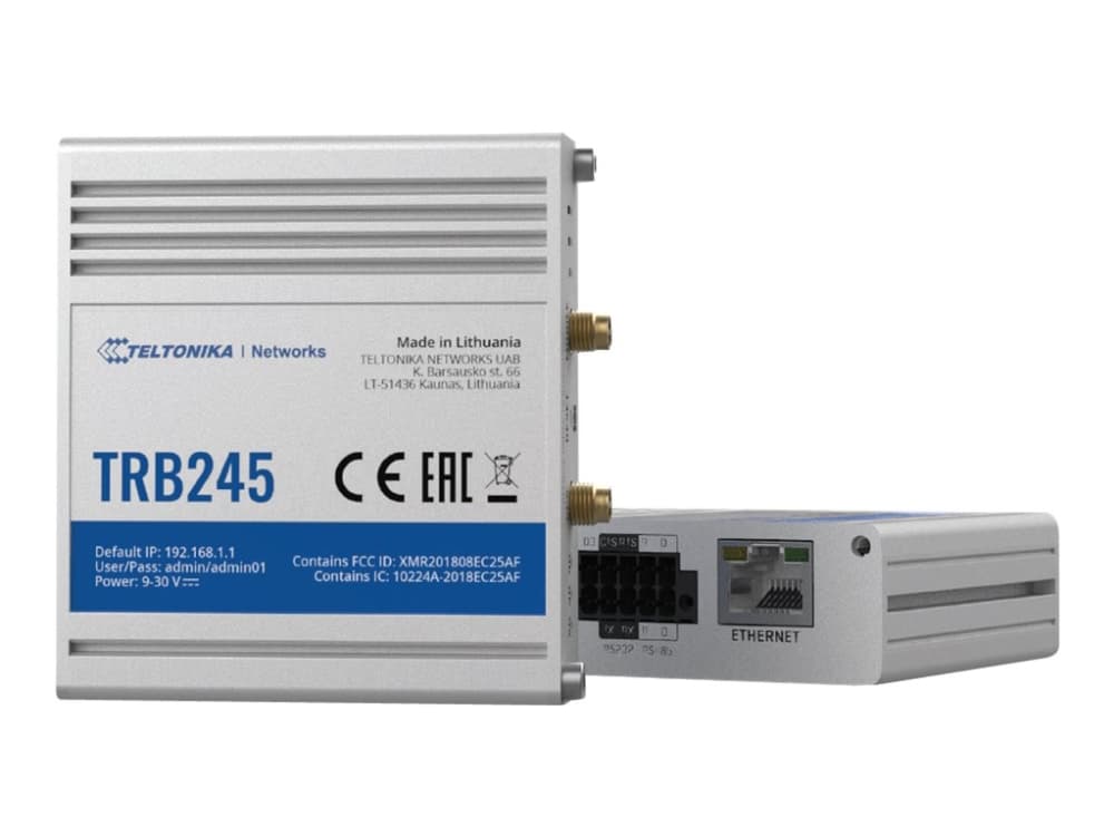 Teltonika TRB245, Harmaa, Teho, IEC 62368-1:2014, EN 50385:2017, EN 62232:2017, CE/RED, EAC, RoHS, WEEE Draft ETSI EN 301 489-1 V2.2.0, Draft EN 301 489-19 V2.1.0, Draft ETSI EN..., SNMP, TCP, UDP, IPv4, IPv6, ICMP, NTP, DNS, HTTP, HTTPS, FTP, SMTP, SSL v3, TLS, ARP, PPP (planned),...