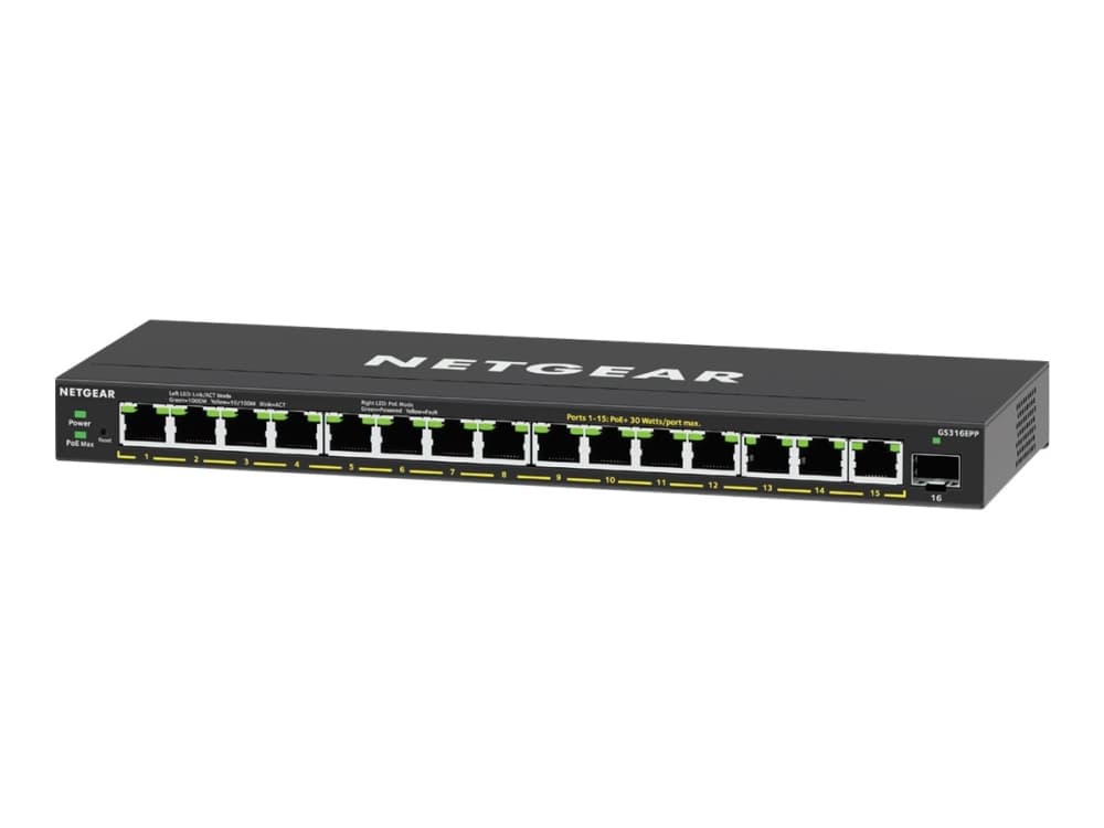 NETGEAR 16-Port High-Power PoE+ Gigabit Ethernet Plus Switch (231W) with 1 SFP port (GS316EPP), Hallittu, Gigabit Ethernet (10/100/1000), Täysin kaksipuolinen, Power over Ethernet -tuki