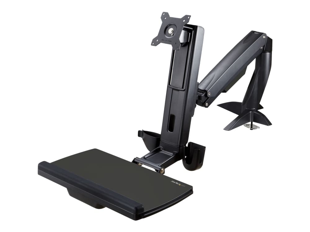 StarTech.com Sit Stand Monitor Arm, Desk Mount Säädettävä Sit-Stand-työaseman varsi yhdelle 34 VESA-asennettavalle näytölle, ergonominen nivelletty seisova työpöytämuunnin näppäimistöalustalla - Stand Up-työpöytä (ARMSTSCP1) - asennussarja (pohjalevy, pylväs, rengaslevy, näppäimistöalusta, kiristysaluslevy, monitorivarsi, kiinnityskannatin, pohja, pohjatyyny) - näytölle / näppäimistölle - näytön koko: enintään 24 - työpöytä - P/N: LAPTOP-SIT-STAND -malliin