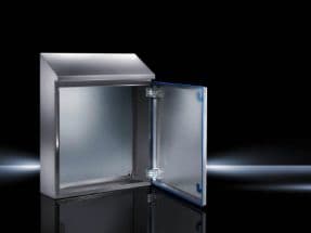 RITTAL Hygienic design -kaappi, ruostumatonta terästä, leveys 390mm, korkeus edessä 430mm, korkeus takana 549mm, syvyys 210mm, 30 asteen kaltevuus ylhäällä.