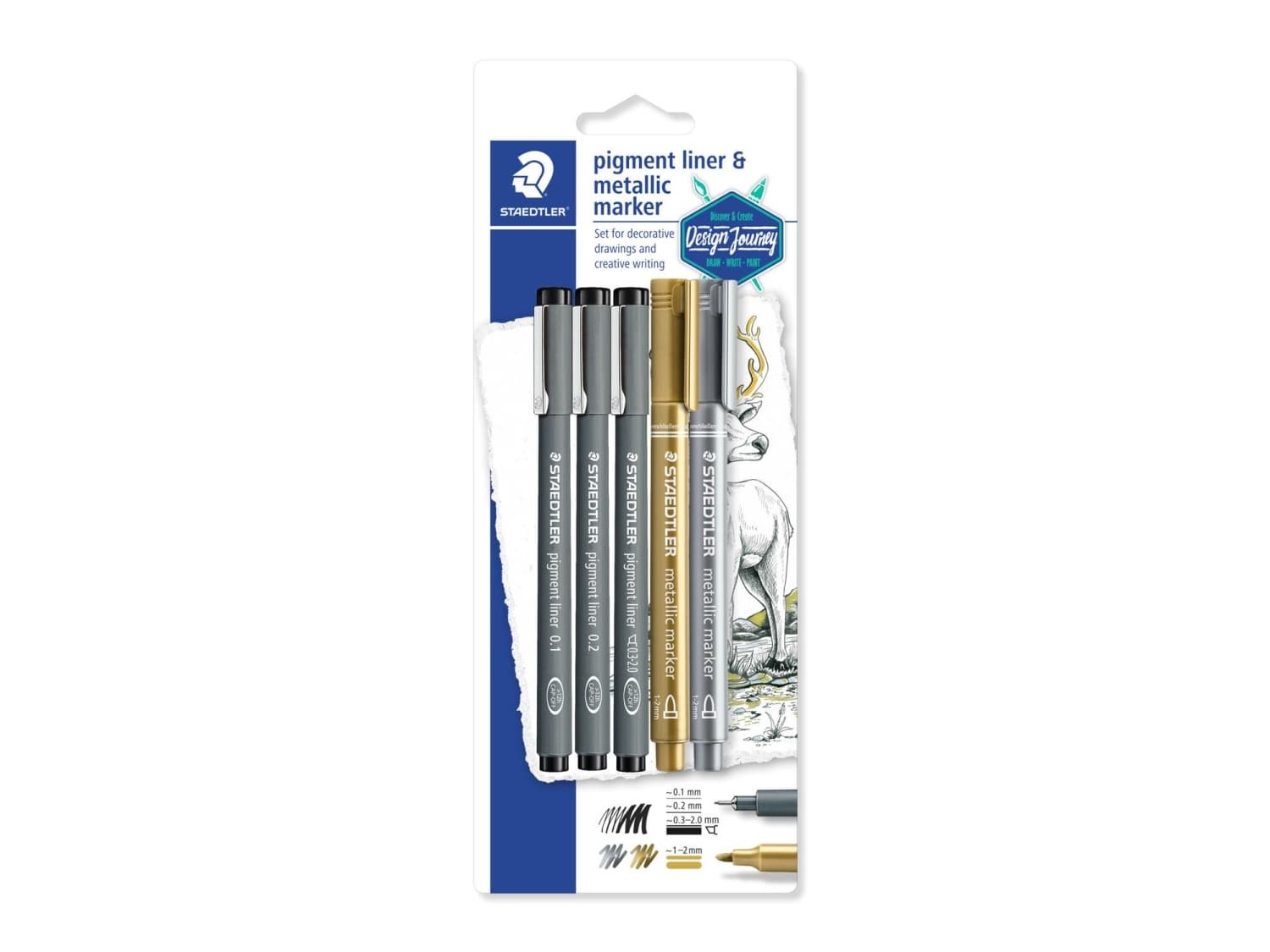 Fineliner pigment liner sort + sølv og guld (3+2)