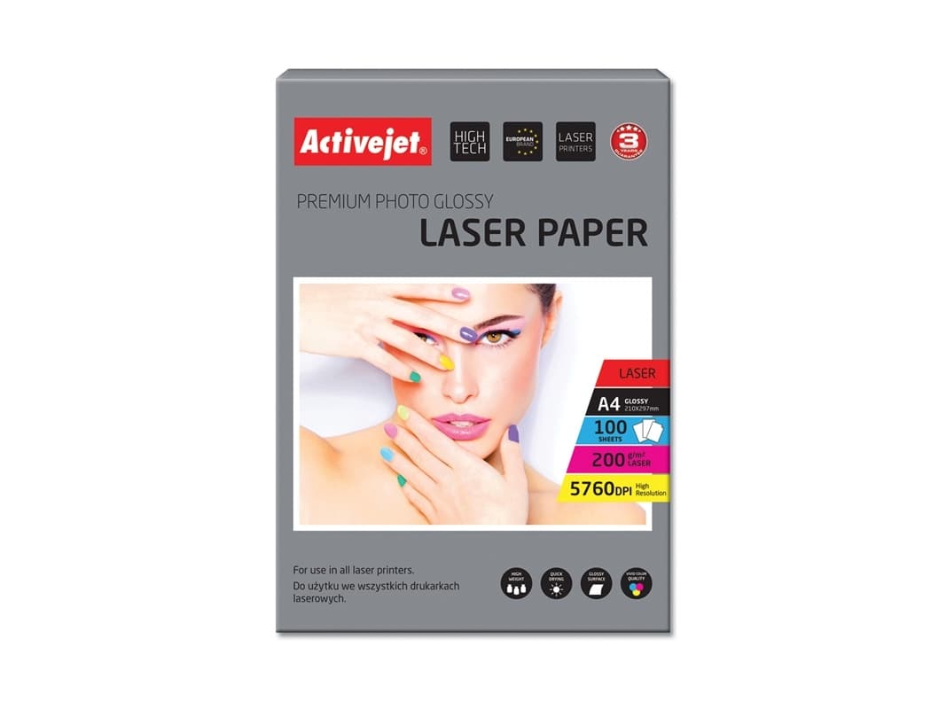 Activejet AP4-200G100L, Kiilto, 200 g/m², Laser, A4, 21x29.7 cm, Valkoinen