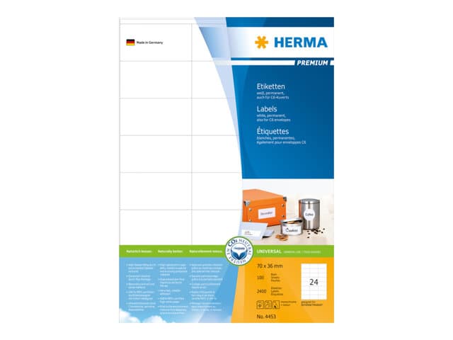 HERMA 4453, Valkoinen, Itse kiinnittyvä tulostintarra, A4, Paperi, Laser/Inkjet, Kiinteä