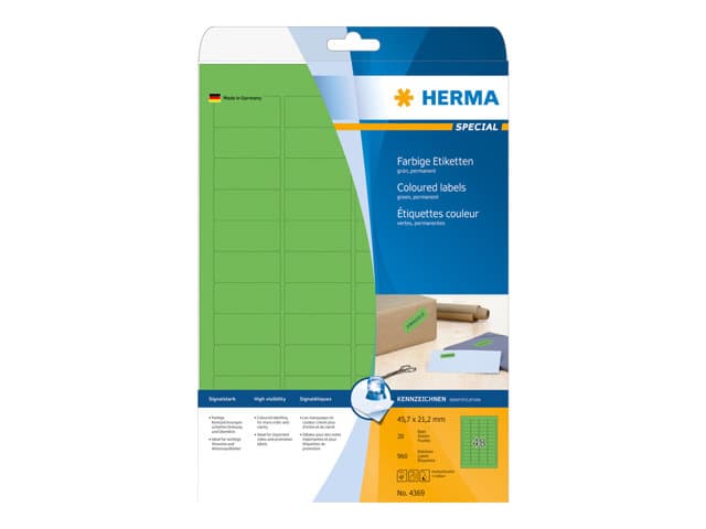HERMA 4369, Vihreä, Itse kiinnittyvä tulostintarra, A4, Paperi, Laser/Inkjet, Irroitettava