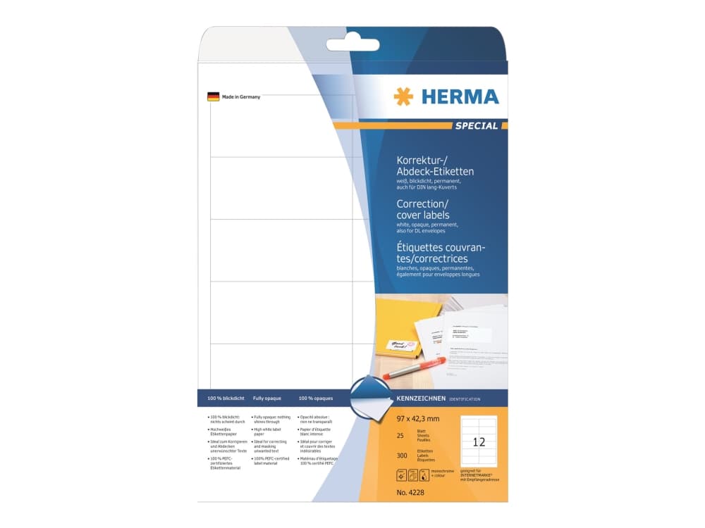 HERMA 4228, Valkoinen, Itse kiinnittyvä tulostintarra, A4, Paperi, Laser/Inkjet, Kiinteä