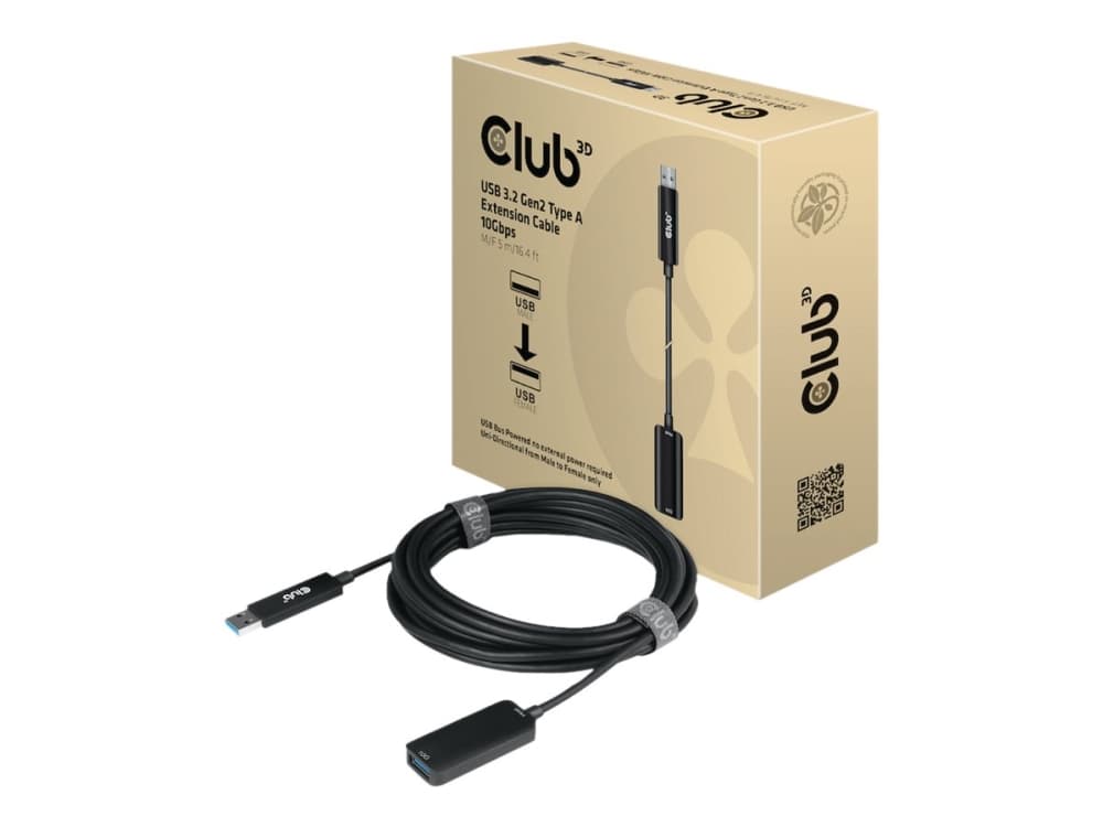 CLUB3D USB 3.2 Gen2 Type A Extension Cable 10Gbps M/F 5m/16.40ft, 5 m, USB A, USB A, USB 3.2 Gen 2 (3.1 Gen 2), 10 Mbit/s, Musta
