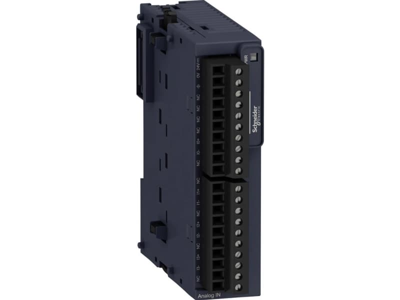 TM3-Modul Analogindgange 4, (±10V/0-20mA/4-20mA), 12 bittiä , Scantid 1 eller 10 ms, Forsyning 24 VDC