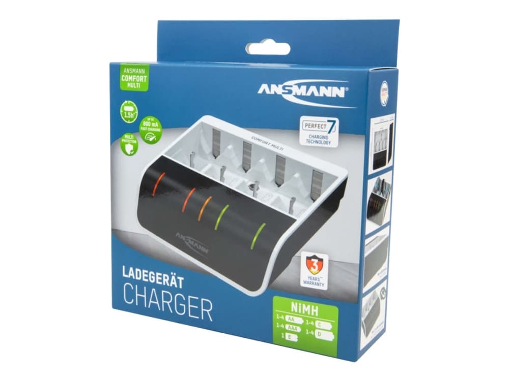 ANSMANN Comfort Multi - 1,5 ajastin USB-akkulaturi - (AA, AAA, C, D, 9V) - 800 mA - lajittelu, hvid