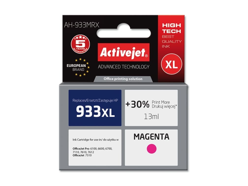 ActiveJet AH-933MRX, Yhteensopiva, Pigmenttimuste, Magenta, HP, HP Officejet Pro: 6100, 6600, 6700, 7110, 7610, 7612., 1 kpl