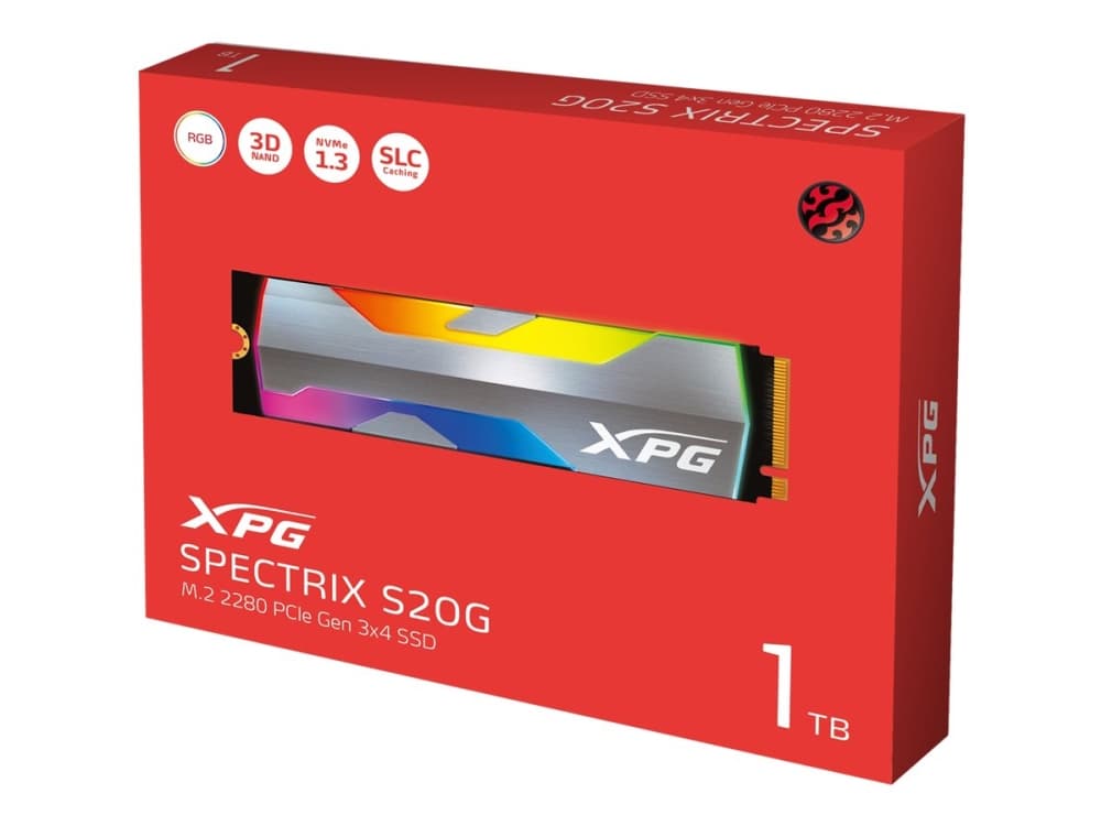 ADATA XPG Spectrix S20G RGB - SSD - 1 TB - sisäinen - M.2 2280 - PCIe 3.0 x4 (NVMe) - 256-bittinen AES - integroitu jäähdytyselementti