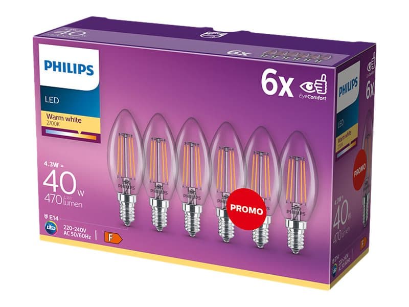Philips Kynttilälamppu ja Lustre, 4 W, 40 W, E14, 470 lm, 15000 h, Lämmin valkoinen