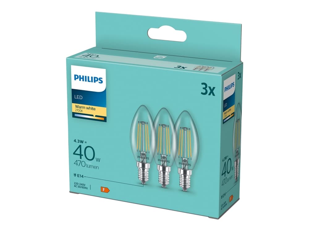 Philips Kynttilälamppu ja Lustre, 4,3 W, 40 W, E14, 470 lm, 15000 h, Lämmin valkoinen