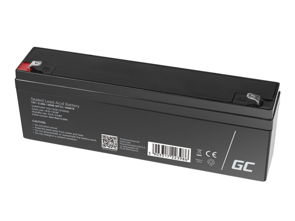 Green Cell AGM18, 12 V, Musta, 2,3 ah, 5 vuosi/vuosia, 2,1 A, 930 g