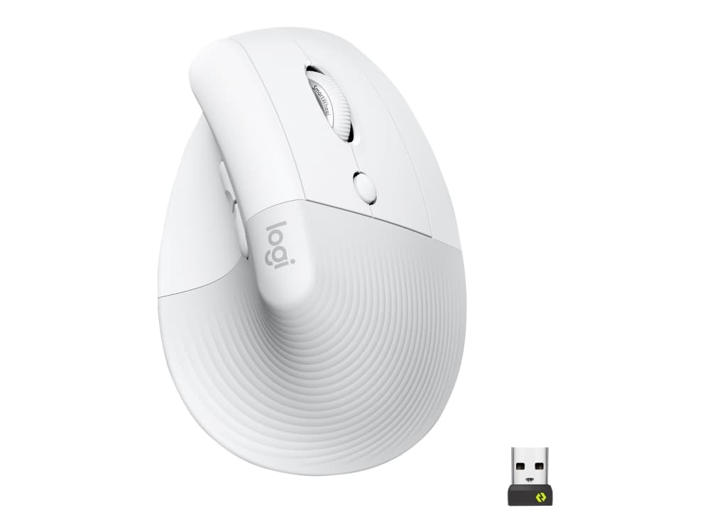 Logitech Lift (oikeakätinen) - Pystysuuntainen hiiri - ergonominen - optinen - 6 painiketta - langaton, johdotus - Bluetooth, 2,4 GHz - langaton vastaanotin (USB) - Luonnonvalkoinen / Vaalean harmaa