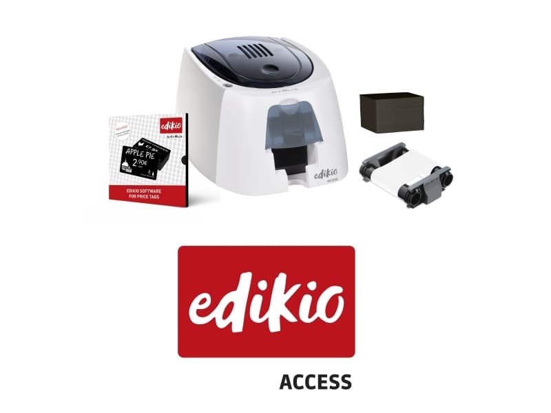 Evolis Edikio ACCESS Hintalappuratkaisu, yksipuolinen, 12 pistettä/mm (300dpi), USB-korttitulostin, yksipuolinen, lämpösiirto, resoluutio: 12 pistettä/mm (300dpi), USB, sis.: kaapeli (USB), verkkolaite, verkkokaapeli (EU), suunnitteluohjelmisto, 100 korttia, värinauha (EA2U0000BS-BS001)