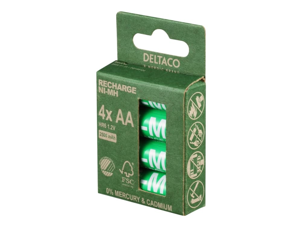 Ladattavat AA-paristot DELTACO AA 2500mAh, ympäristömerkitty Nordic Swan, 4 kpl / ULT-NH2500AA-4P