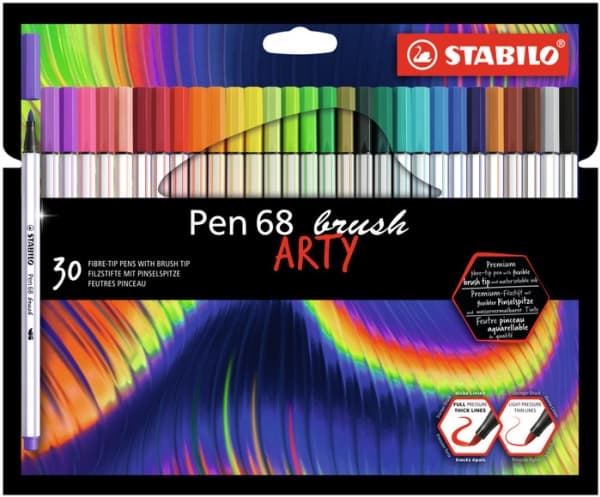 STABILO Pen 68 brush ARTY, 30 väriä, Valikoidut värit, Harjaspää, Kuitu, Valikoidut värit, Kahdeksankulmainen