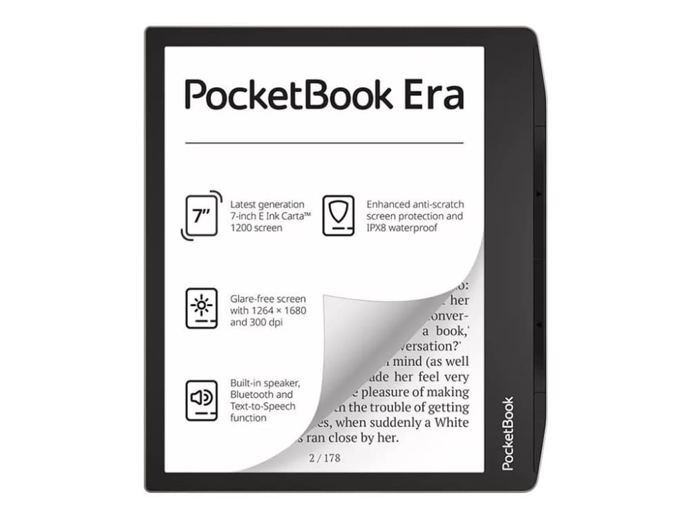PocketBook 700 Era Silver, 17,8 cm (7), E Ink Carta, 1264 x 1680 pikseliä, ACSM, DOCX, DjVu, PRC, EPUB DRM, MOBI, RTF, FB2, FB2.ZIP, PDF, CBR, HTM, TXT, CBZ, HTML, CHM,..., MP3, OGG, PNG, BMP, TIFF, JPEG
