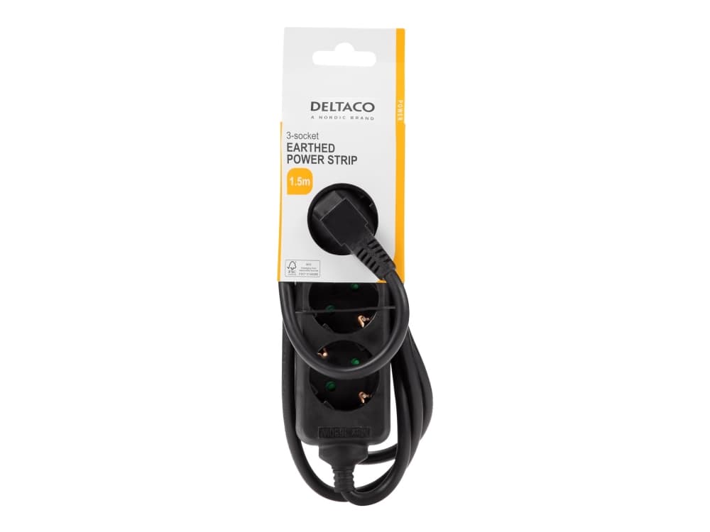 Deltaco GT-0320, 1,5 m, 3 AC-pistorasia(a), Sisätila, Tyyppi F, Type F (CEE 7/4), Kulmikas