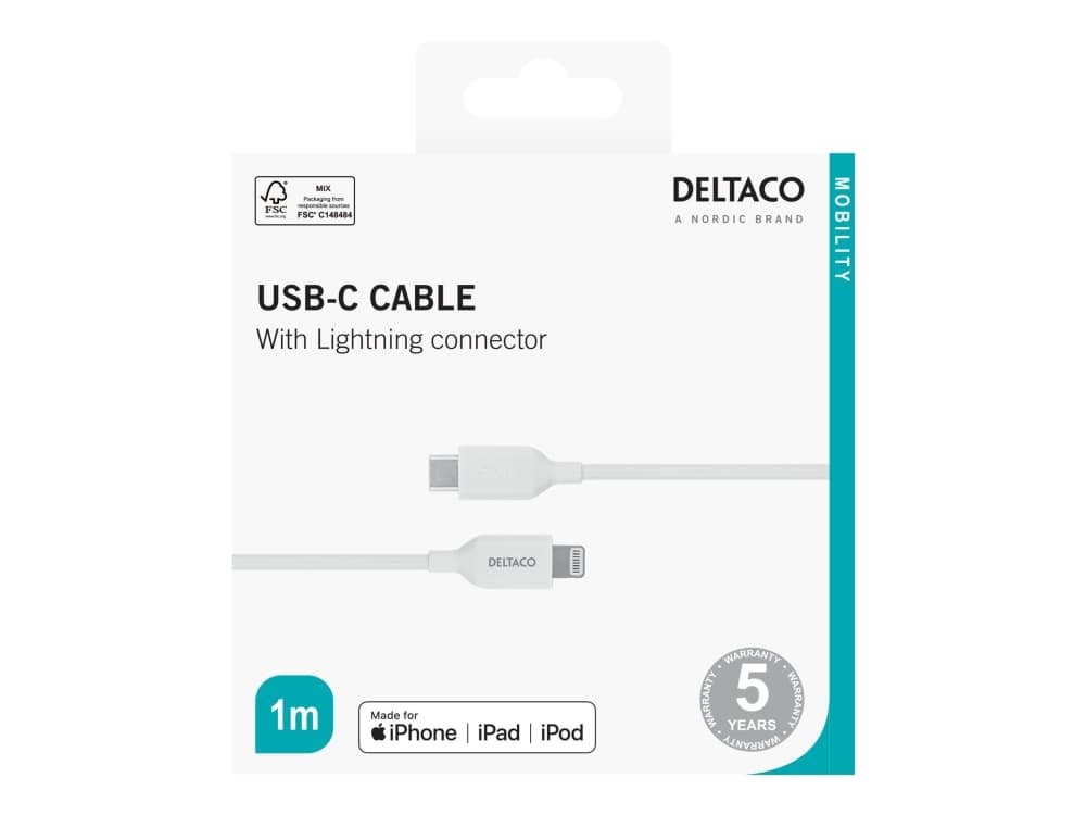 Deltaco IPLH-451, 1 m, Lightning, USB A, Uros, Uros, Valkoinen