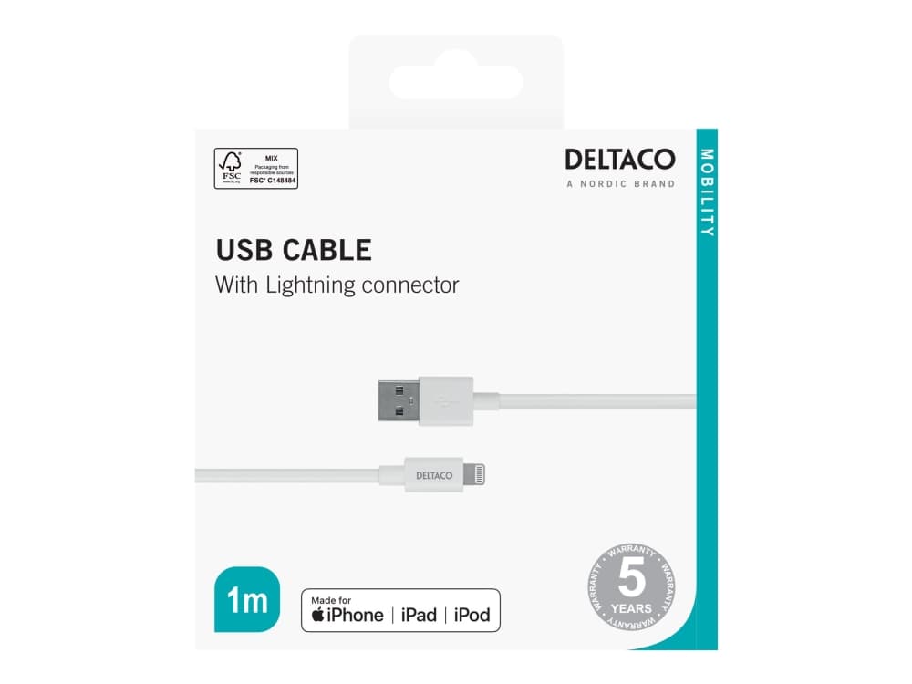 DELTACO - Lightning-kaapeli - USB han til Lightning han - 1 m - hvid - Applen 10,2-tuumaiseen iPadiin AirPods Max AirPods Pro iPhone 11, 12, 13, SE
