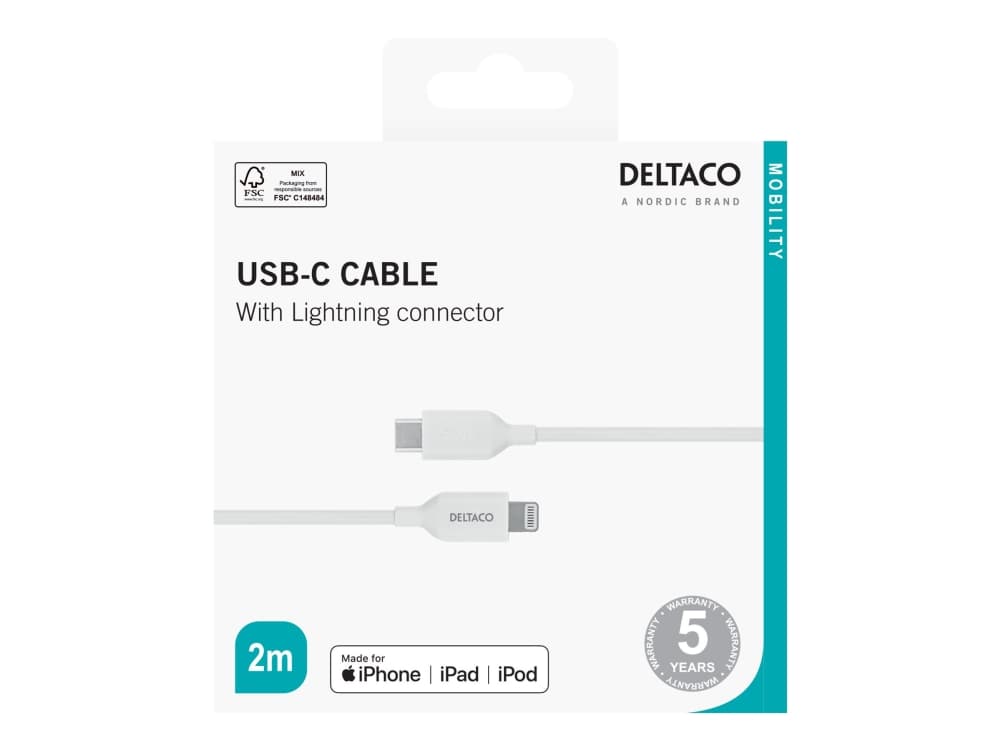 Deltaco IPLH-452, 2 m, Lightning, USB C, Uros, Valkoinen, Suora
