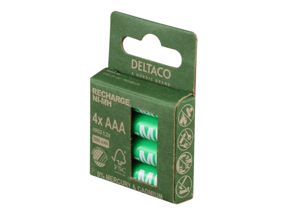 Ladattavat AAA-paristot DELTACO 1000mAh, ympäristömerkitty Nordic Swan, 4 kpl / ULT-NH1000AAA-4P
