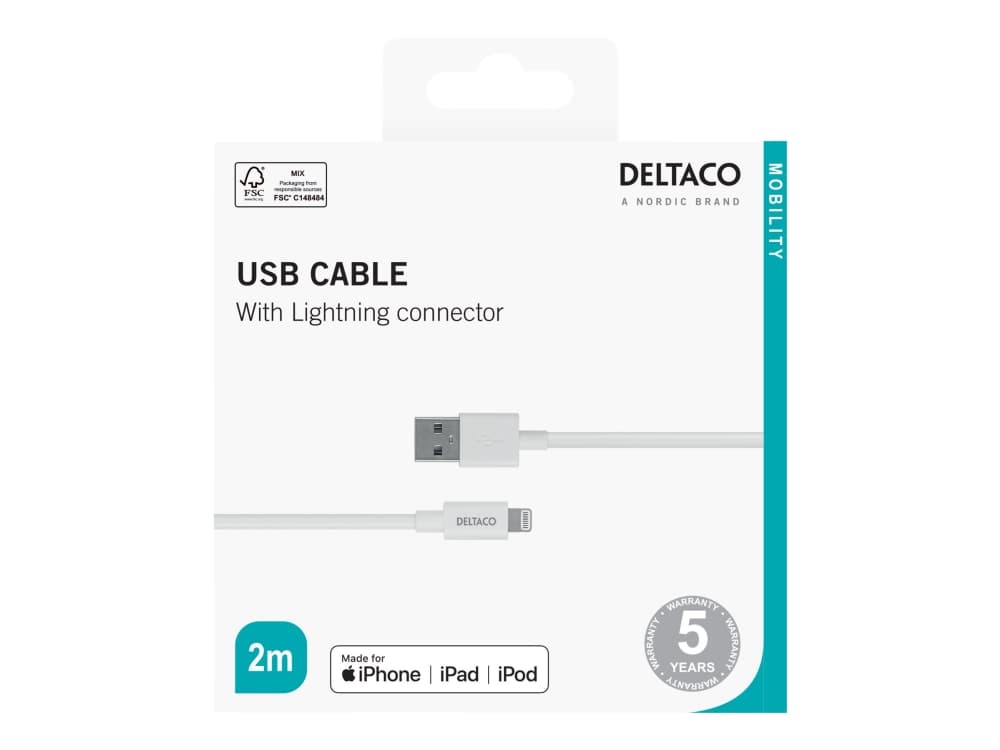 Deltaco IPLH-402, Valkoinen, USB A, Lightning, 2 m, Uros, Uros