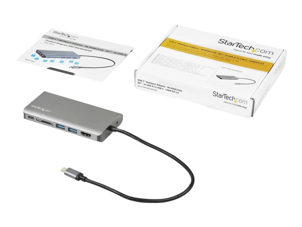 StarTech.com USB C Multiport Adapter, USB-C Mini Travel Dock 4K HDMI tai 1080p VGA, 3x USB 3.0 Hub, SD, GbE, Audio, 100W PD Pass-Through, Kannettava telakointiasema kannettavalle tietokoneelle / tabletille - USB 3.0 Mini Dock - Telakointiasema - USB-C - VGA, HDMI - GigE