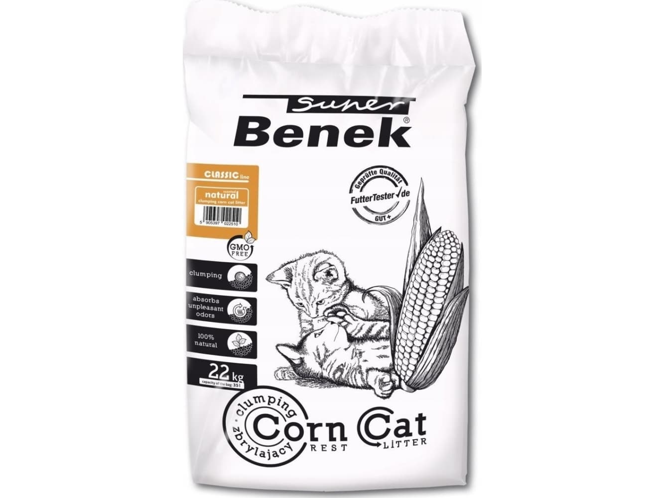 SUPER BENEK Corn Classic kissan kuivike maissista Luonnollinen, kokkareinen 35 l