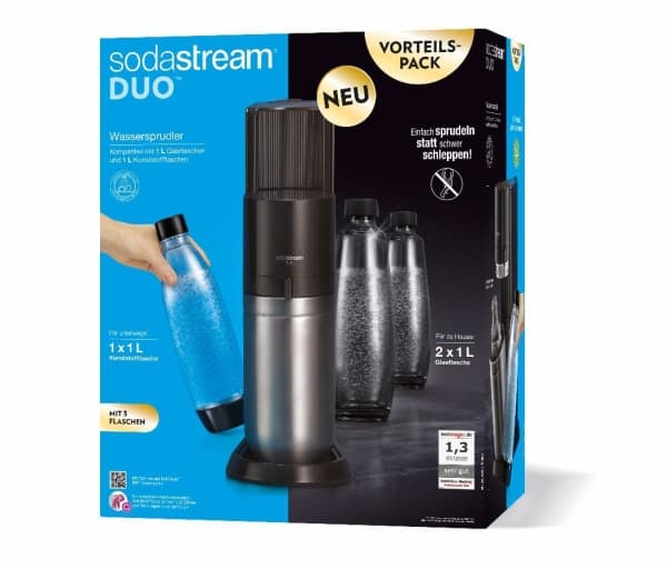 SodaStream DUO, Musta, Ruostumaton teräs, Lasi, 1 L, 60 L, 155 mm, 280 mm
