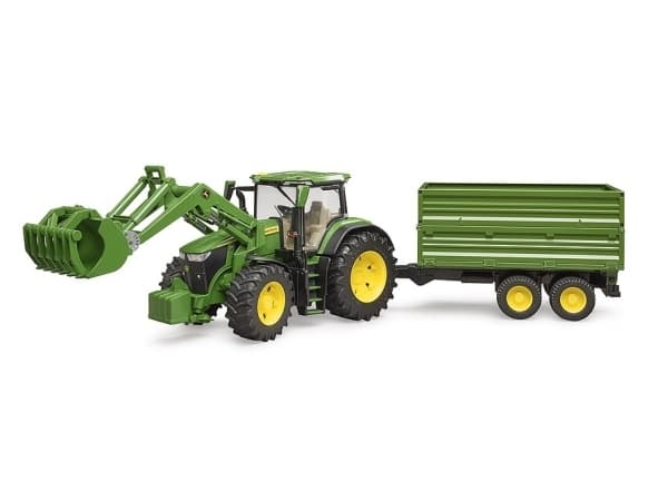 Bruder John Deere 7R 350 tractor with frontloader and tipping trailer toy