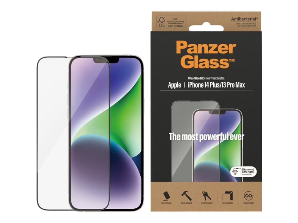 PanzerGlass™ | Antibakteerinen - Näytönsuoja matkapuhelimeen - Ultra-Wide Fit - kehyksen väri musta | Apple iPhone 13 Pro Max/14 Plus