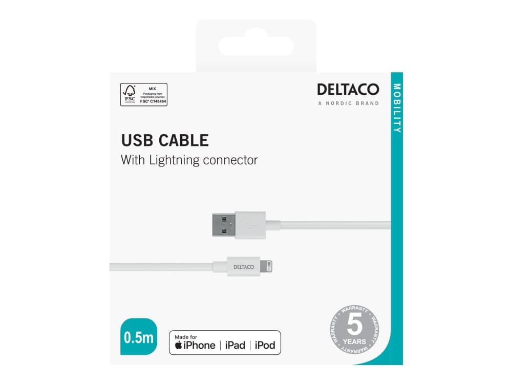 DELTACO - Lightning-kaapeli - USB han til Lightning han - 50 cm - hvid - for Apple iPad/iPhone/iPod (Lightning)