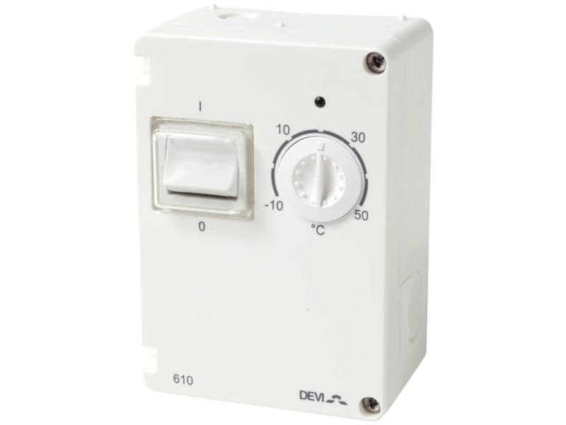 DEVIreg 610 termostaatti IP44 10 A 2-napainen, alue (-10°C - +50°C) m kaksoiseristetty johdin anturi