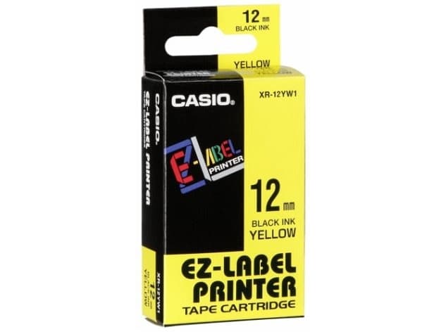 Casio XR-12YW - Itseliimautuva - musta keltaisella - Rulla (1,2 cm x 8 m) 1 kasetti(t) tarranauhaa - KL 170, 60, 60SR, 780:een