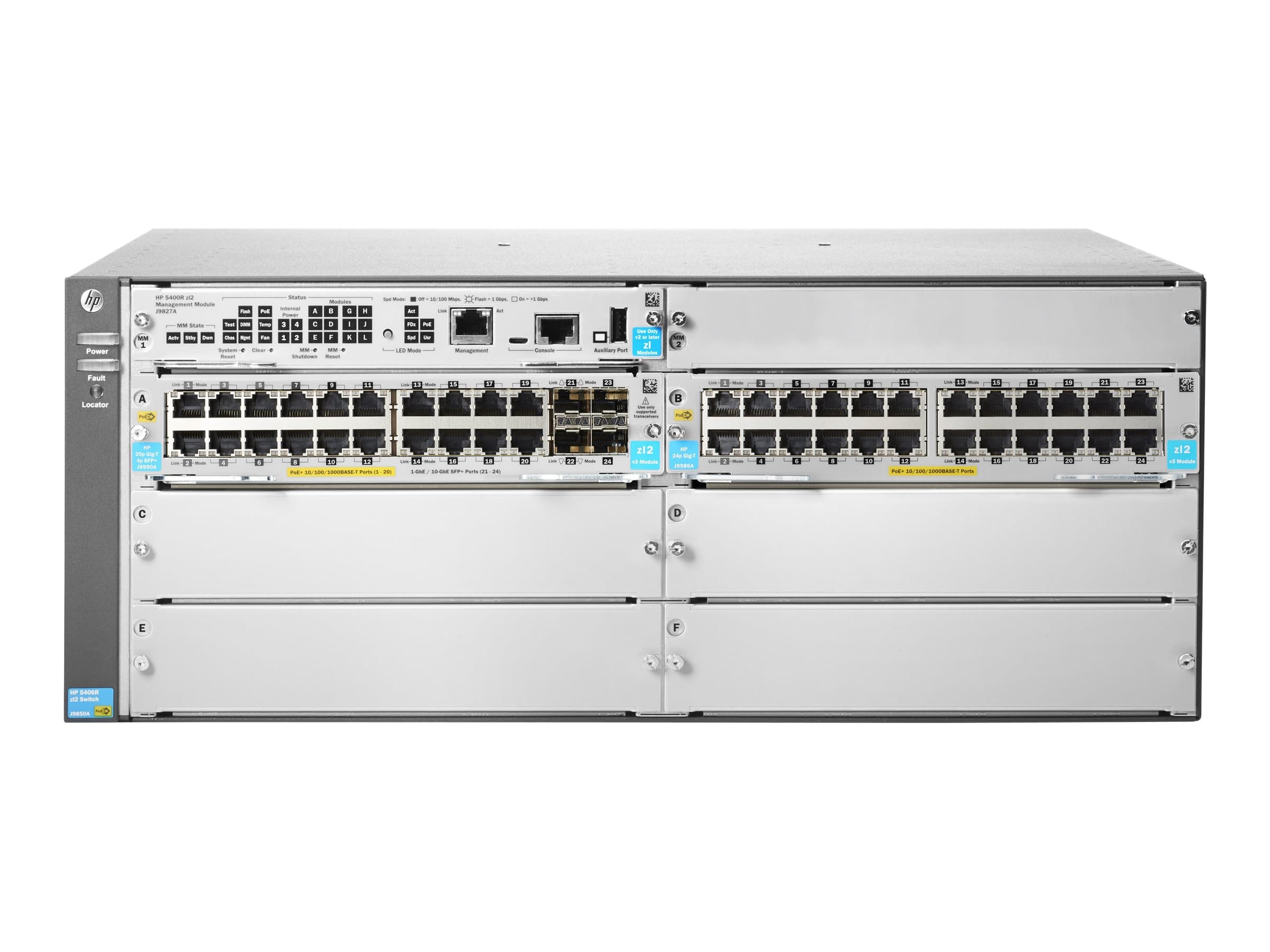 HPE Aruba 5406R 44GT PoE+ / 4SFP+ (ei virtalähdettä) v3 zl2 - Kytkin - Hallittu - 44 x 10/100/1000 (PoE+) + 4 x 1 Gigabit / 10 Gigabit SFP+ - telineeseen asennettava - PoE+