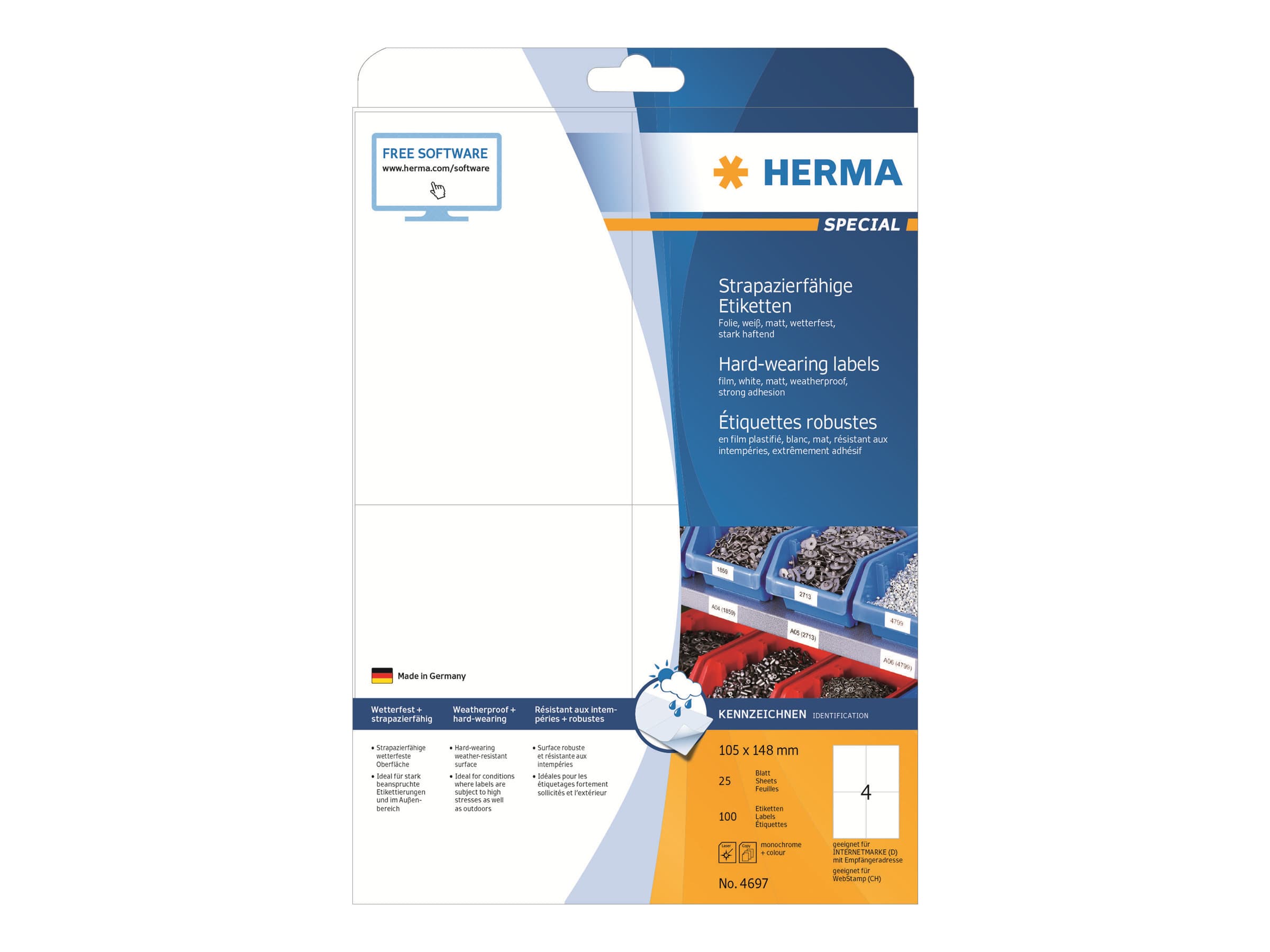 HERMA 4697, Valkoinen, Itse kiinnittyvä tulostintarra, A4, Laser, Kiinteä, Matta