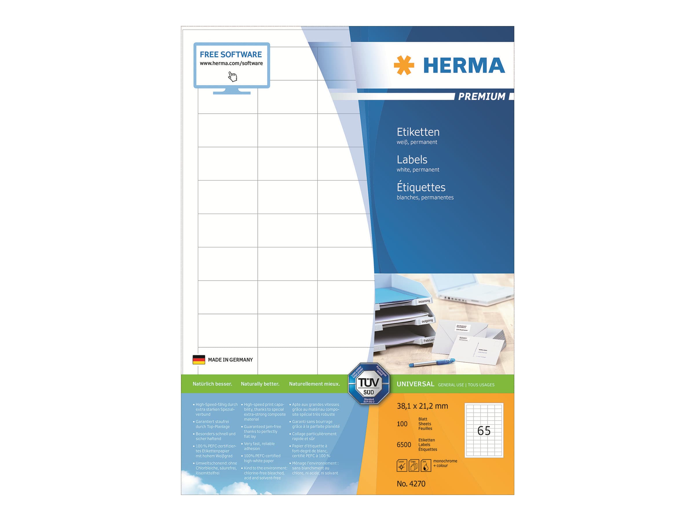 HERMA 4270, Valkoinen, Itse kiinnittyvä tulostintarra, A4, Paperi, Laser/Inkjet, Kiinteä