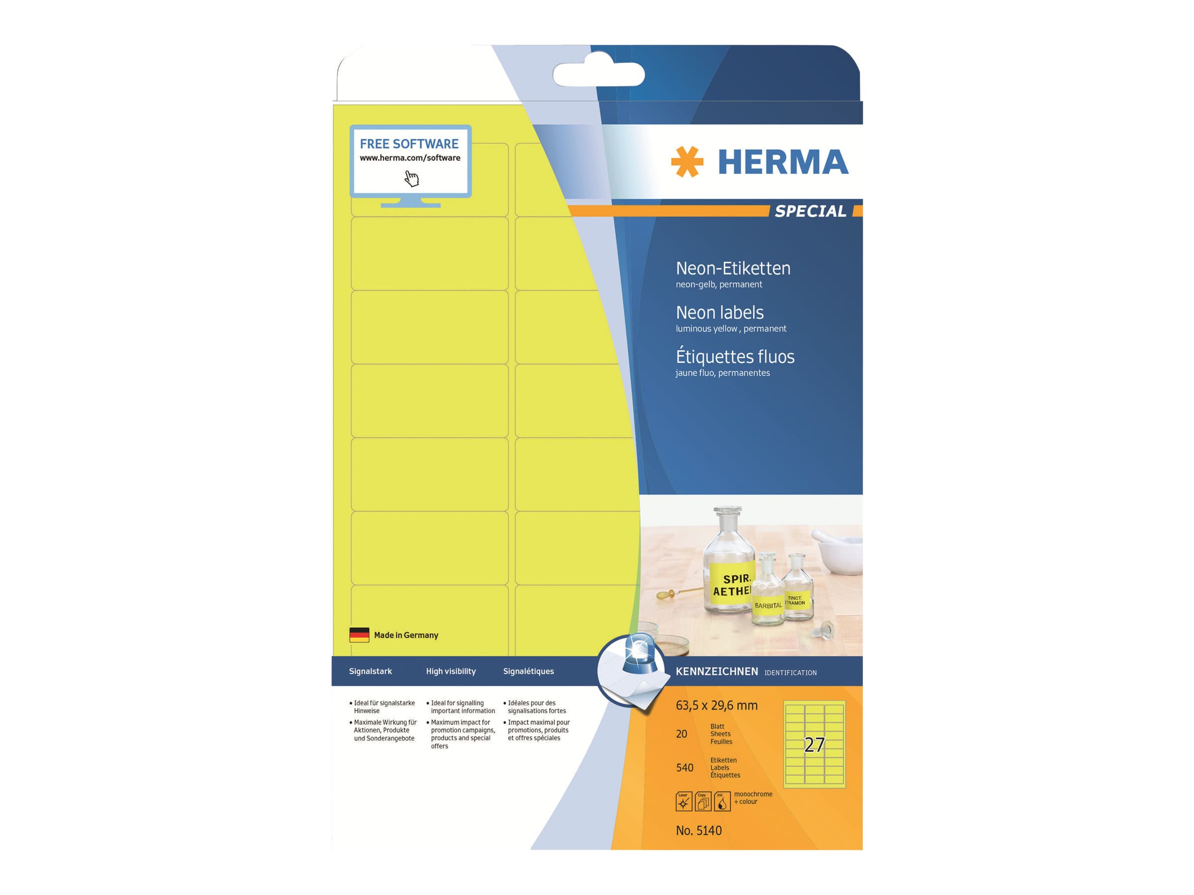 HERMA 5140, Keltainen, Pyöristetty suorakulmio, Kiinteä, Paperi, Matta, Laser/Inkjet