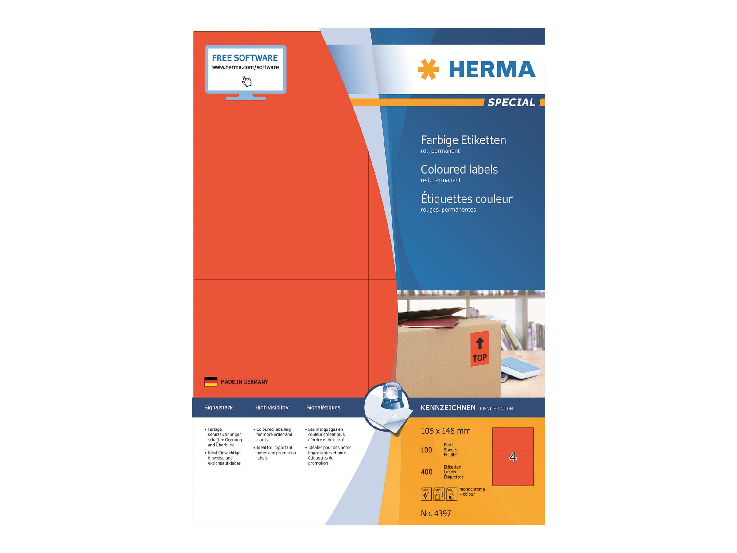 HERMA 4397, Punainen, Itse kiinnittyvä tulostintarra, A4, Paperi, Laser/Inkjet, Kiinteä