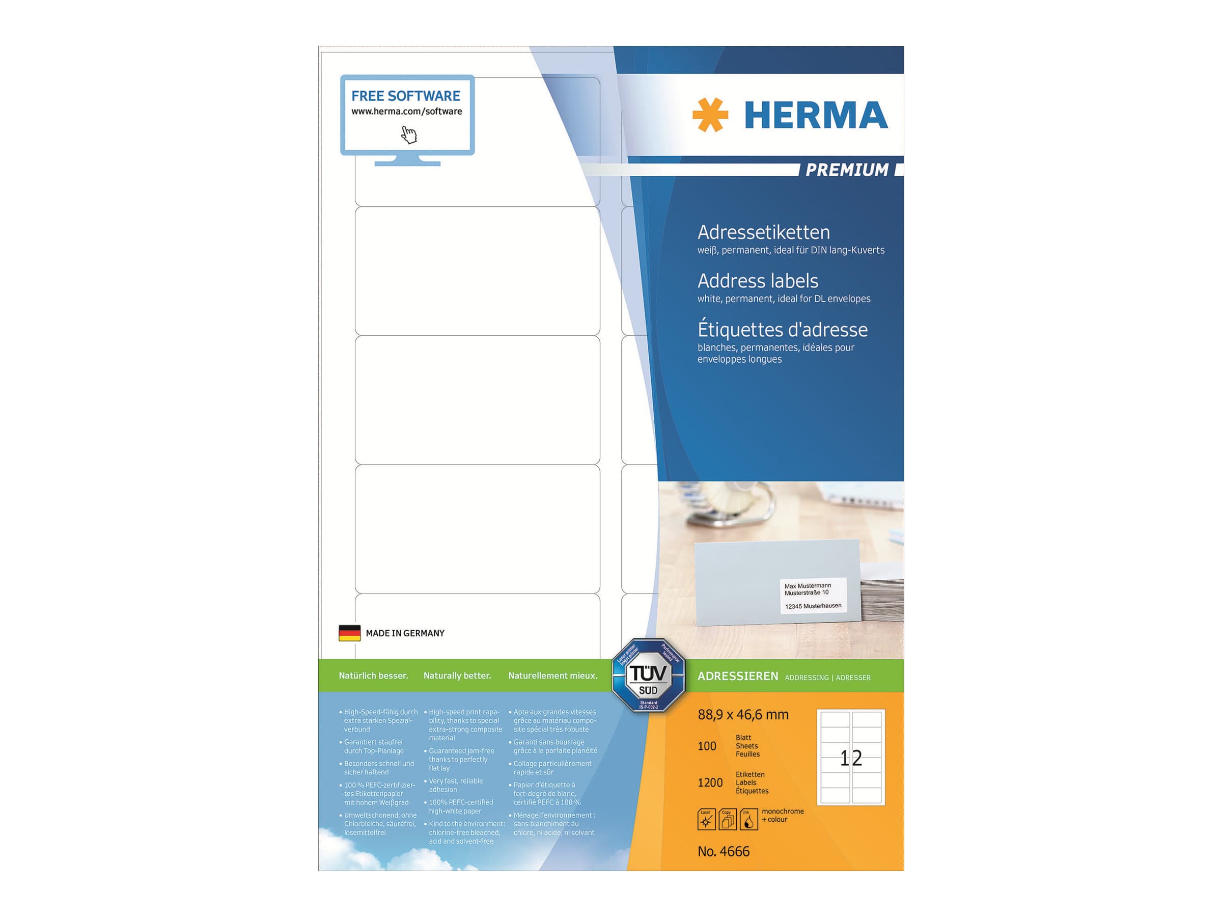 HERMA 4666, Valkoinen, Paperi, Laser/Inkjet, Matta, Kiinteä, Pyöristetty suorakulmio