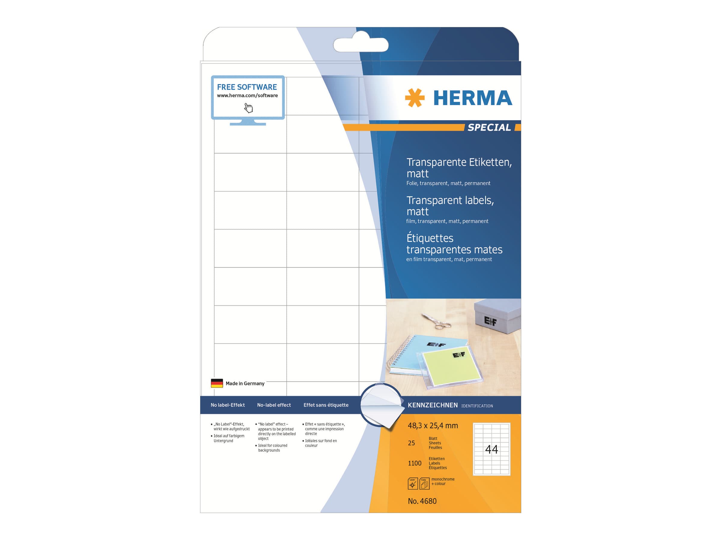 HERMA 4680, Läpinäkyvä, Itse kiinnittyvä tulostintarra, A4, Laser, Kiinteä, Matta