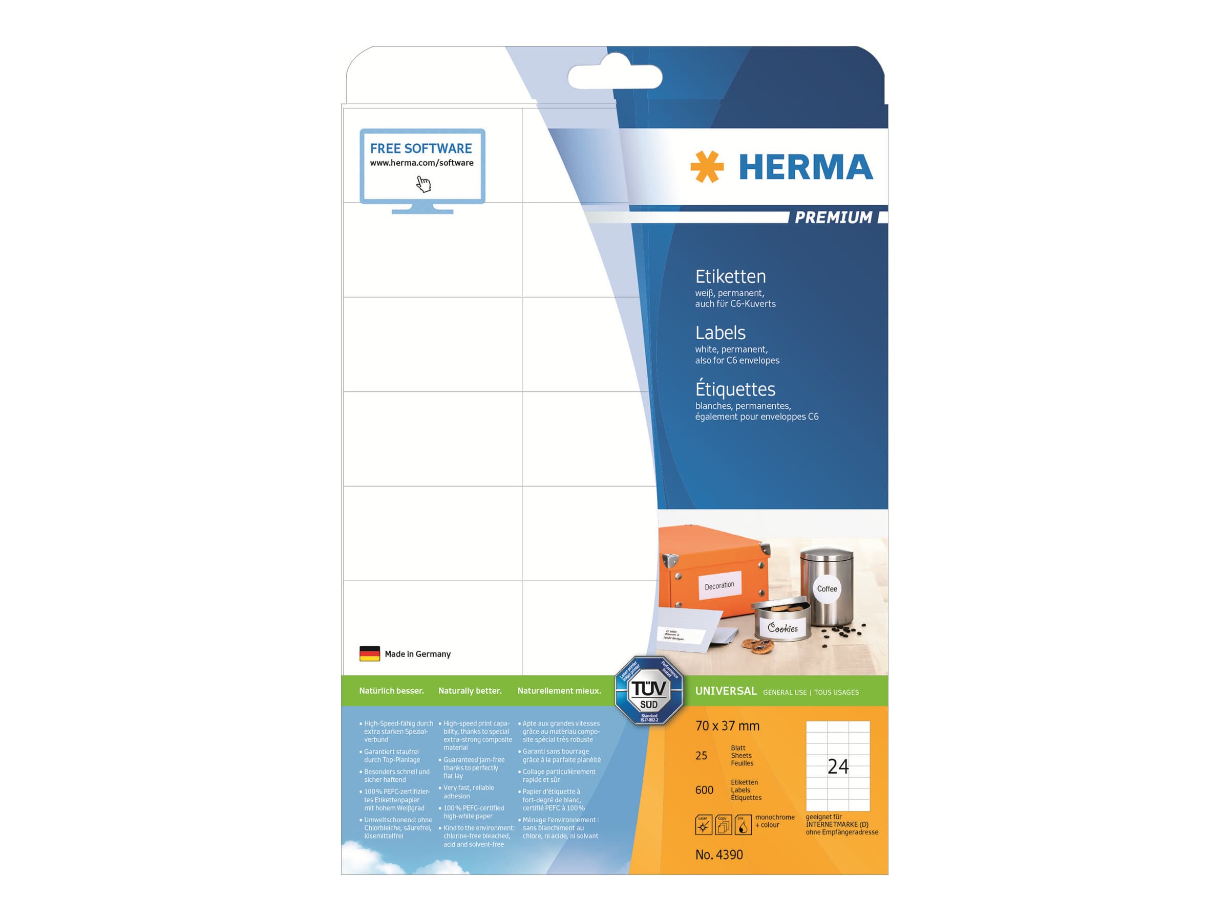 HERMA 4390, Valkoinen, Itse kiinnittyvä tulostintarra, A4, Paperi, Laser/Inkjet, Kiinteä