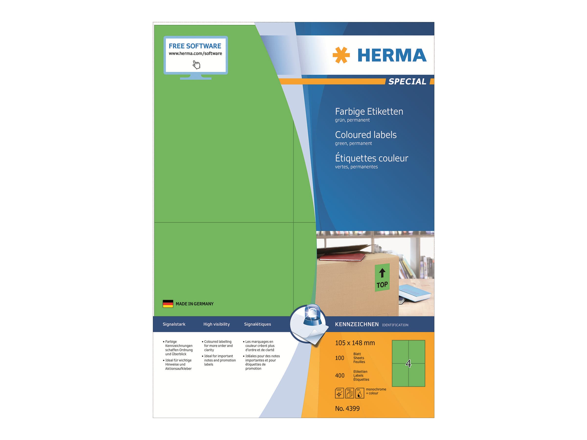 HERMA 4399, Vihreä, Suorakulmio, Kiinteä, Paperi, Matta, Laser/Inkjet